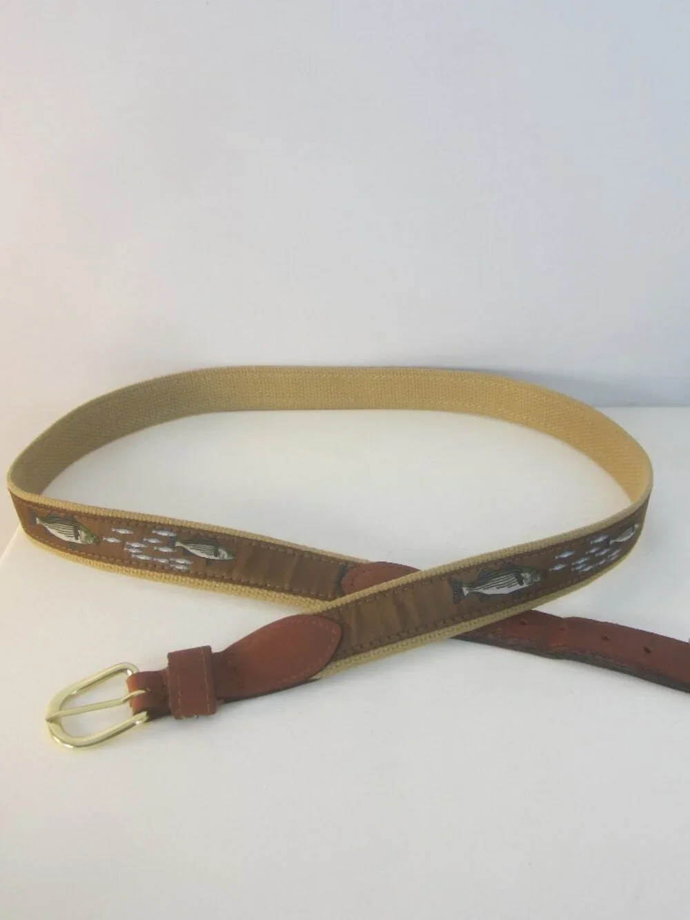 Web Canvas Brown Leather Fishing Belt Men 42 Brass Buckle Fish Theme 40 - 44